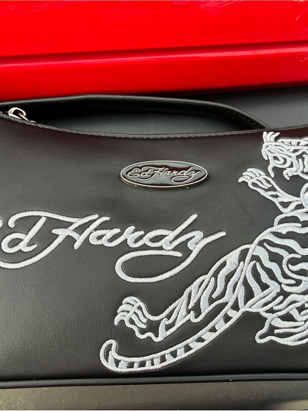 Ed Hardy Black Shoulder Bag with White Embroidery